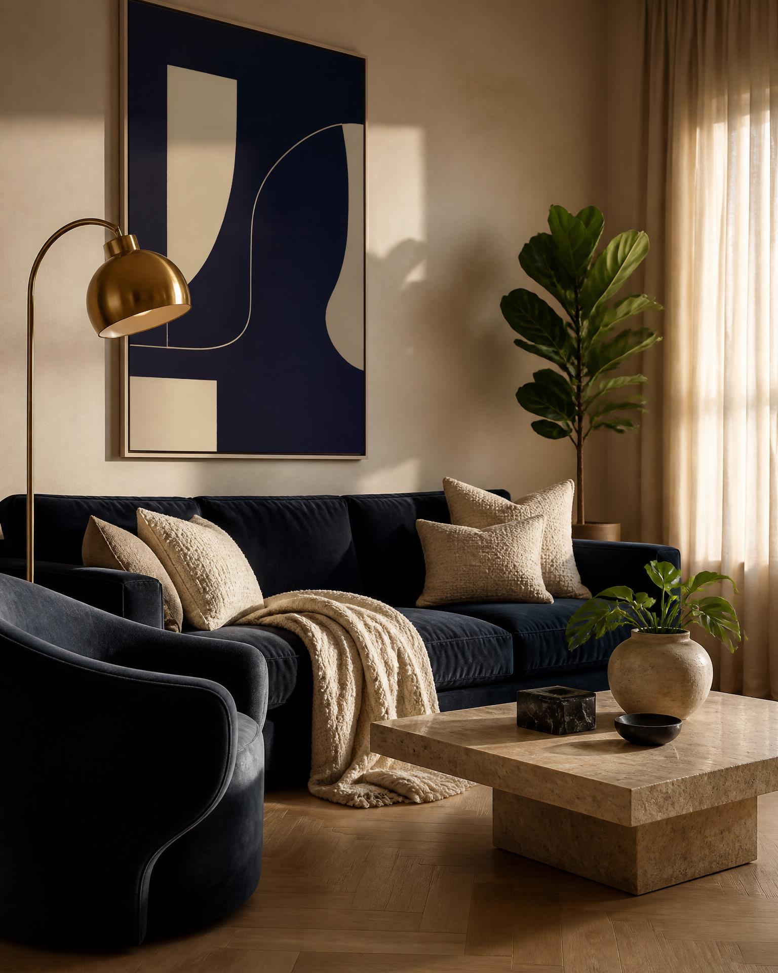 Living room styled with a CHAMDEX GLOBAL sofa, accent chair and side table